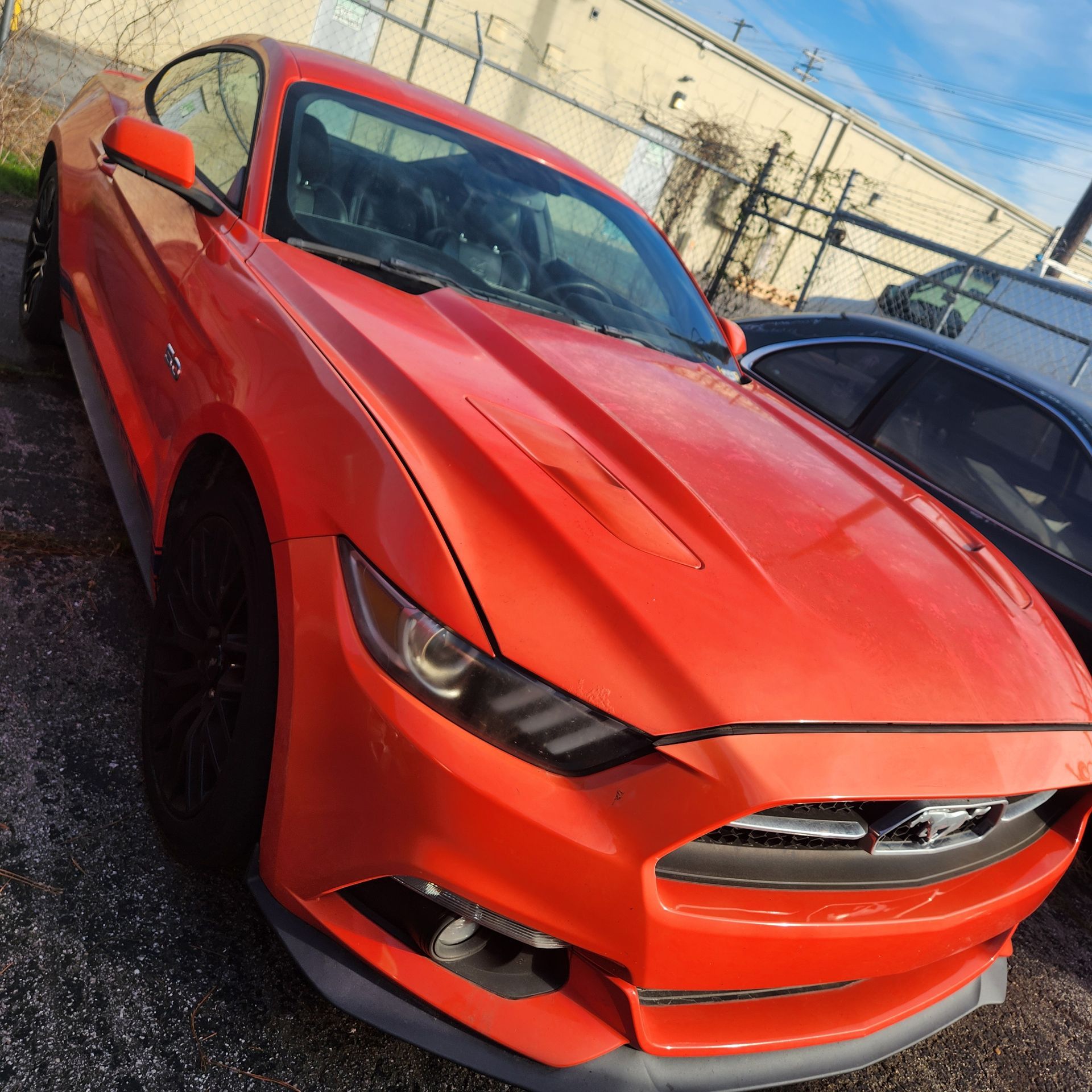 Orange Ford Mustang in a parking lot, angled view, black wheels.