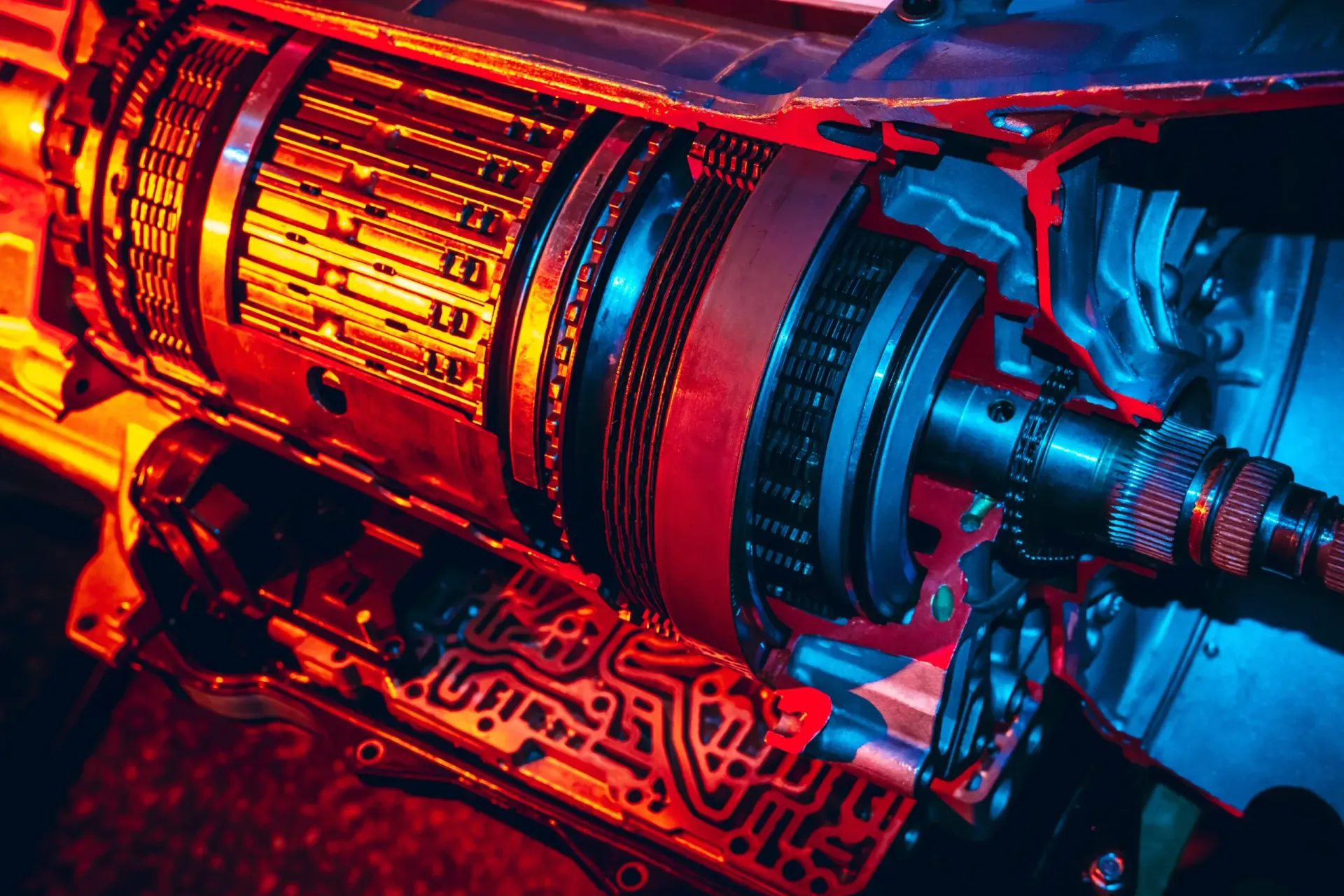 Cutaway view of an automatic transmission, showcasing internal gears and components, highlighted by red and blue lighting.