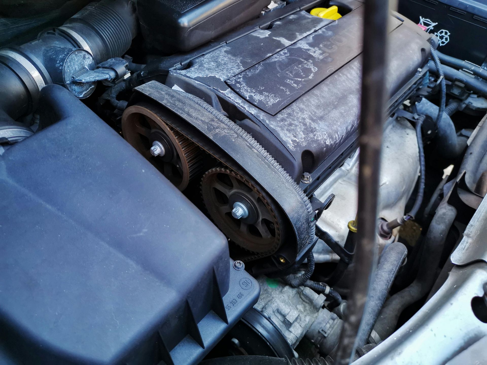 Engine bay with timing belt and pulleys visible.